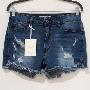 KanCan Dark Wash High Rise Distressed Raw Hem Denim Jean Shorts Size 11/29 NWT